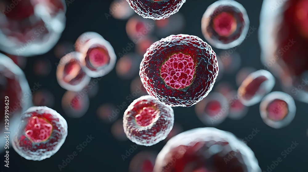 Poster microscopic view of biological cells in red and blue colors with illuminated details on dark backgro