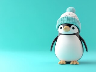 Fototapeta premium Adorable Cartoon Penguin Wearing a Knitted Winter Hat Against a Teal Background