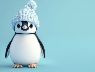 Fototapeta premium Adorable Fluffy Penguin Wearing a Blue Knit Hat Against a Light Blue Background
