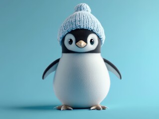 Fototapeta premium Adorable Fluffy Penguin Wearing a Knitted Hat