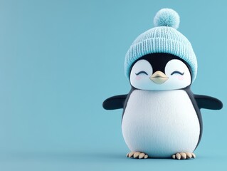 Fototapeta premium Adorable Cartoon Penguin Wearing a Knitted Winter Hat Against a Light Blue Background
