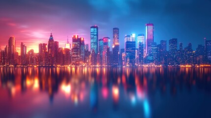 Obraz premium Vibrant City Skyline Reflected in Serene Water During Twilight Hours