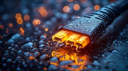 Glowing wet fiber optic cable connector on dark reflective surface.