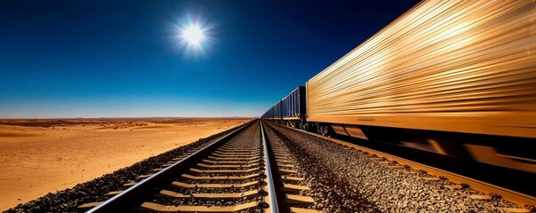 Naklejka premium Blazing Sun over Desert Freight Train Journey on Railroad Tracks beneath Blue Skies in the Distance