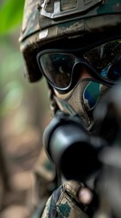 Fototapeta premium Camouflaged Soldier Aiming Rifle in Jungle