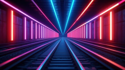 Fototapeta premium Neon tunnel, vibrant colors, futuristic railway.