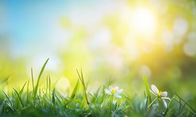 Fototapeta premium Tranquil meadow with vibrant green grass and delicate white flowers illuminated by soft sunlight creating a serene and peaceful nature scene