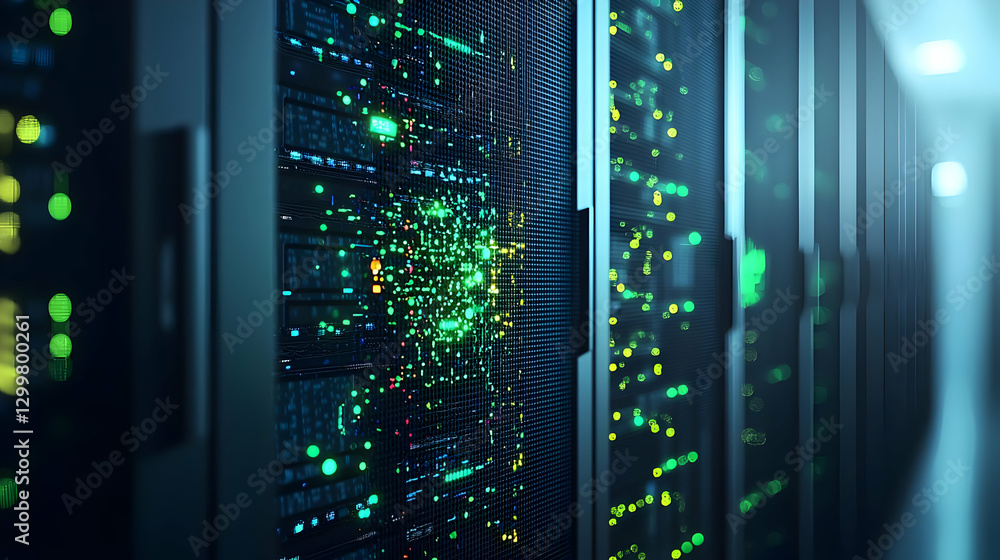Poster data center servers with illuminated panels and blue lighting emphasizing digital network connection