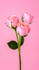 Fototapeta premium Three Pink Roses Blossoming in Full Bloom Against a Delicate Light Pink Monochromatic Backdrop