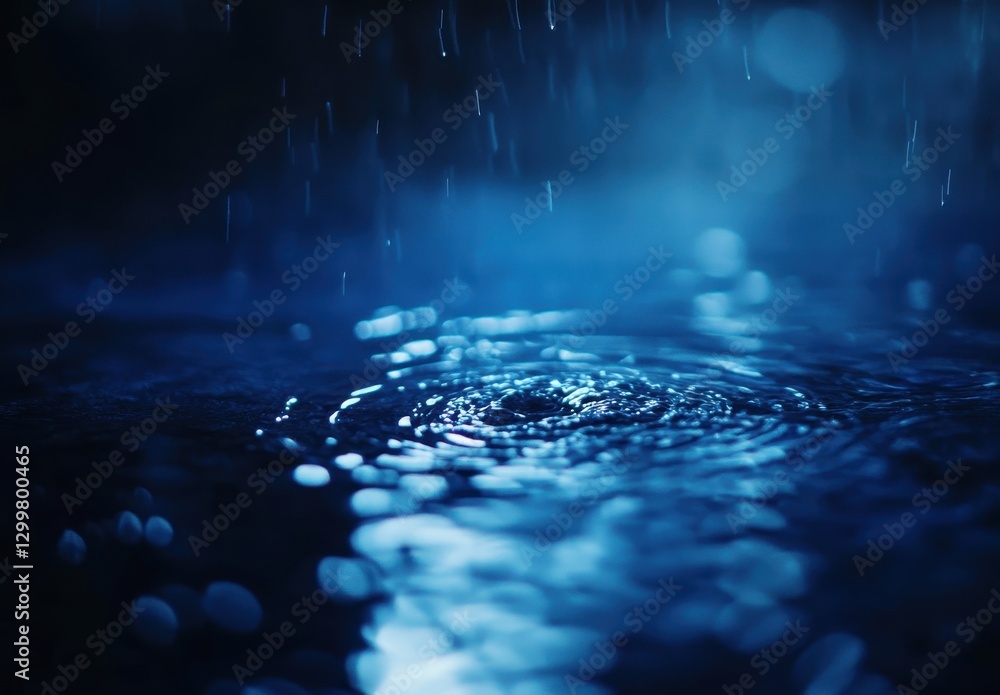 Poster tranquil rainfall on water surface with ripples and drops creating a moody atmosphere in deep blue t