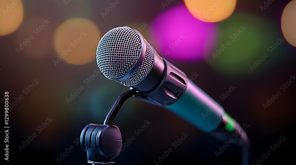 Poster close up of microphone on stand with colorful bokeh background
