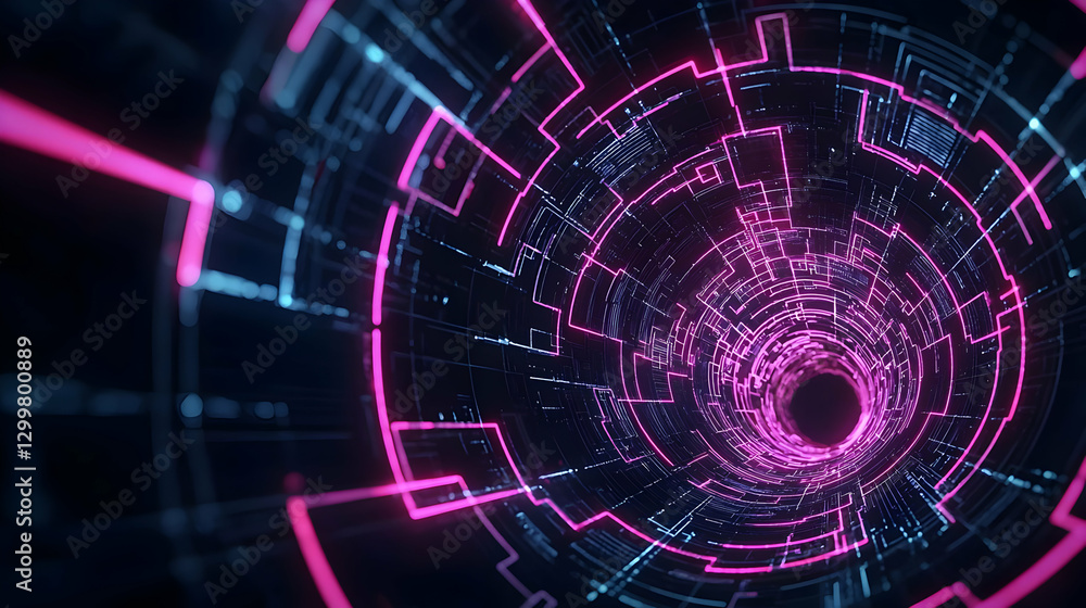 Aufkleber abstract tunnel of cybernetic digital circuitry with glowing neon lines and dark background