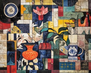 Obraz premium Vibrant abstract art composition featuring floral and geometric elements in a contemporary gallery space