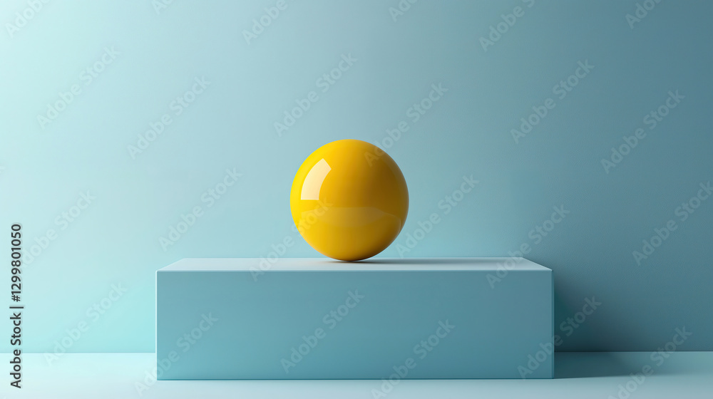 Poster a yellow sphere delicately placed on a cube edge with a striking blue background in abstract style