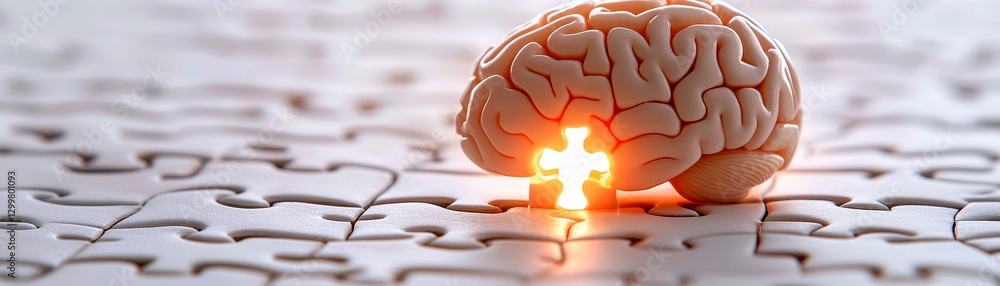 Poster human brain and glowing puzzle piece symbolizing problem solving and cognitive function improvement