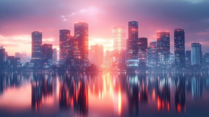 Obraz premium Vibrant Sunset Reflection Over a Modern Cityscape with Skyscrapers