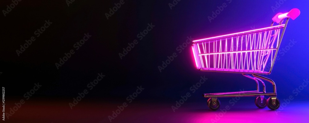 Poster neon shopping cart illuminated on gradient background commerce and consumerism visualization