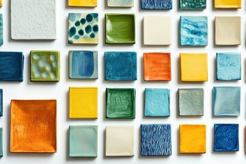 An array of colorful square ceramic tiles, showcasing various textures and patterns.