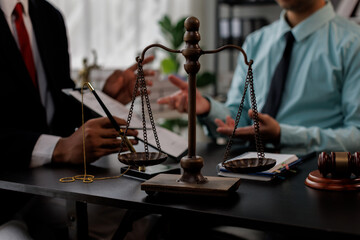 The boss is pointing in the face at the helper who misbehaved in business or legal matters in law firm office. Legal law, advice deal justice and law concept.
