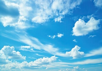Fototapeta premium Vast Blue Sky with Fluffy White Clouds and Wispy Cloud Patterns, Perfect for Nature and Outdoor Themes, Ideal for Backgrounds and Scenic Illustrations