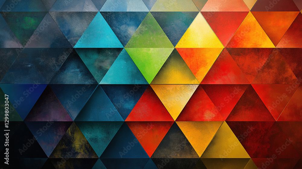 Poster abstract colorful geometric triangular patterns forming a vibrant and energetic design