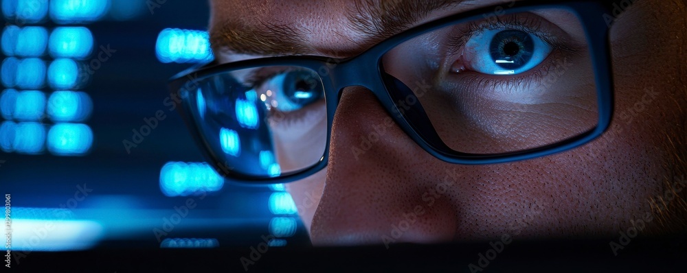 Poster focused programmer working late at night on code