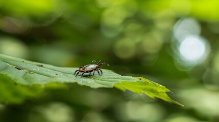 Fototapeta premium Close-up of a Tick on a Leaf with Blurred Green Forest Background, Symbolizing Tick-Borne Disease Risk, Natural Light, Macro Photography, Copy Space for Text