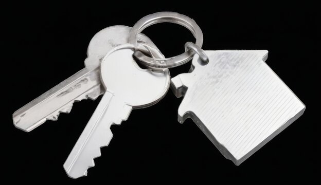 Metal keychain with two silver keys on black background, featuring rectangular shape and small center hole.