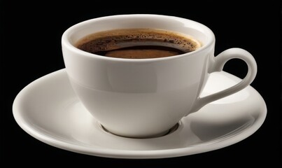 Fototapeta premium White coffee cup and saucer filled with dark liquid on black background, creating a striking focal point image.