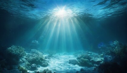 Fototapeta premium Coral reef underwater scene with bright sunlight illuminating colorful corals, rocks, and fish in deep blue water.