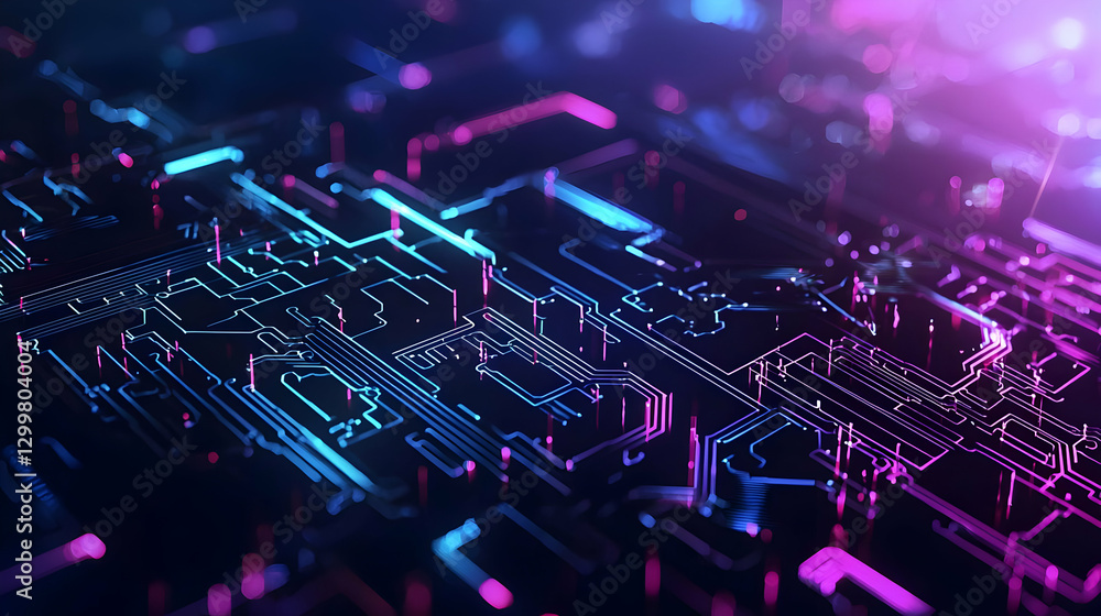 Aufkleber abstract circuit board displaying data flow with blue and purple light illuminations