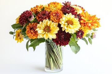 A vibrant autumn bouquet of dahlias in warm oranges, yellows, and reds, arranged in a clear glass vase.