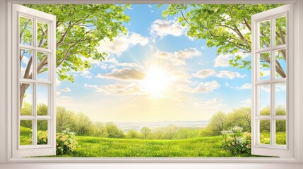 Bright Morning Landscape View from Open Window with Green Trees