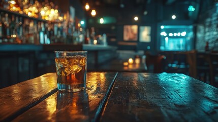 Glass of whiskey on rustic table in dimly lit bar setting