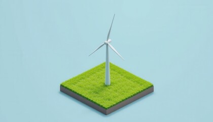 Obraz premium Green Energy Concept with Minimalist Wind Turbine Model on Vibrant Grass Square Base under Soft Blue Background for Sustainability and Innovation Themes