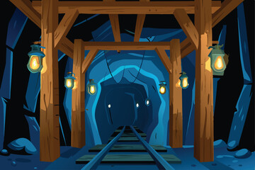Create a stylized vector background depicting a mining tunnel entrance, emphasizing depth and texture.  Include glowing elements.
