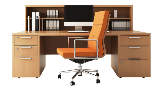 office desk with a computer isolated on transparent white background, clipping path