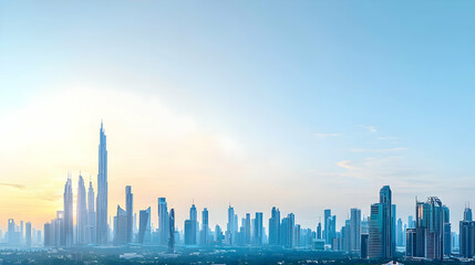 Naklejka premium Modern City Skyline At Dawn With Blue And Gold Hues And Tall Buildings