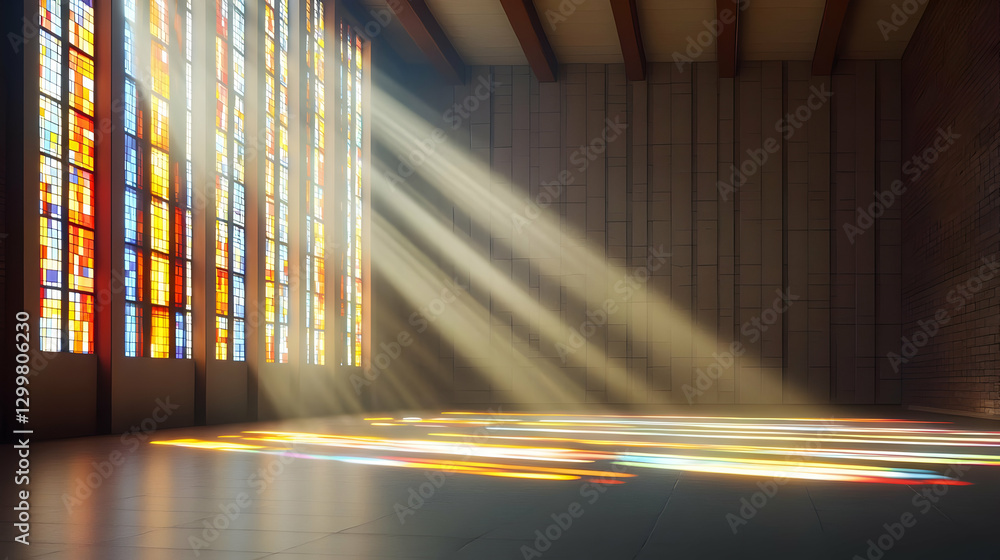 Aufkleber sunlight streaming through colorful stained glass window inside building creating dramatic beams of 