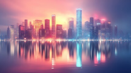 Vibrant City Skyline Reflection at Sunrise with Colorful Lights