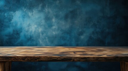 Rustic Wooden Table Against Textured Blue Background in Studio