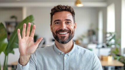 Obraz premium A smiling man waves hello in a bright, modern workspace filled with plants, conveying a friendly and welcoming atmosphere.