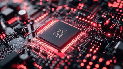 Close-up of illuminated CPU on circuit board. 