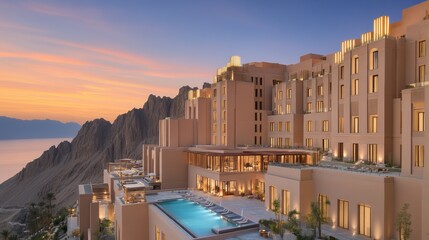 Luxury Resort at Sunset Overlooking Mountains and Tranquil Waters