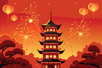 A majestic traditional Chinese pagoda, intricately detailed, engulfed in a vibrant, celebratory fireworks display at night. © ndomble