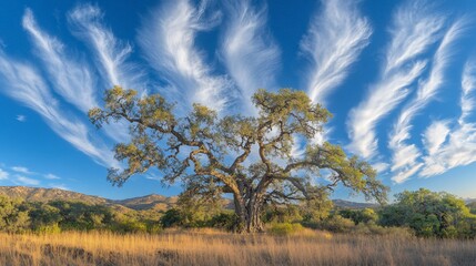 Obraz premium Majestic Oak, Dramatic Sky, California Landscape, Sunset, Nature Poster