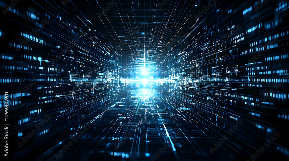 Poster abstract blue digital tunnel with glowing lights representing data connection and network in dark ba