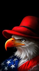 Fototapeta premium Patriotic Eagle Portrait with Red Hat and American Flag Vest Image for Independence Day Celebration