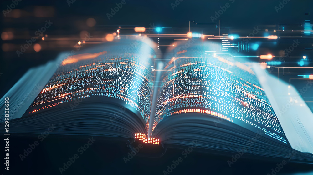 Poster open book illuminated with digital data and light rays in dark background