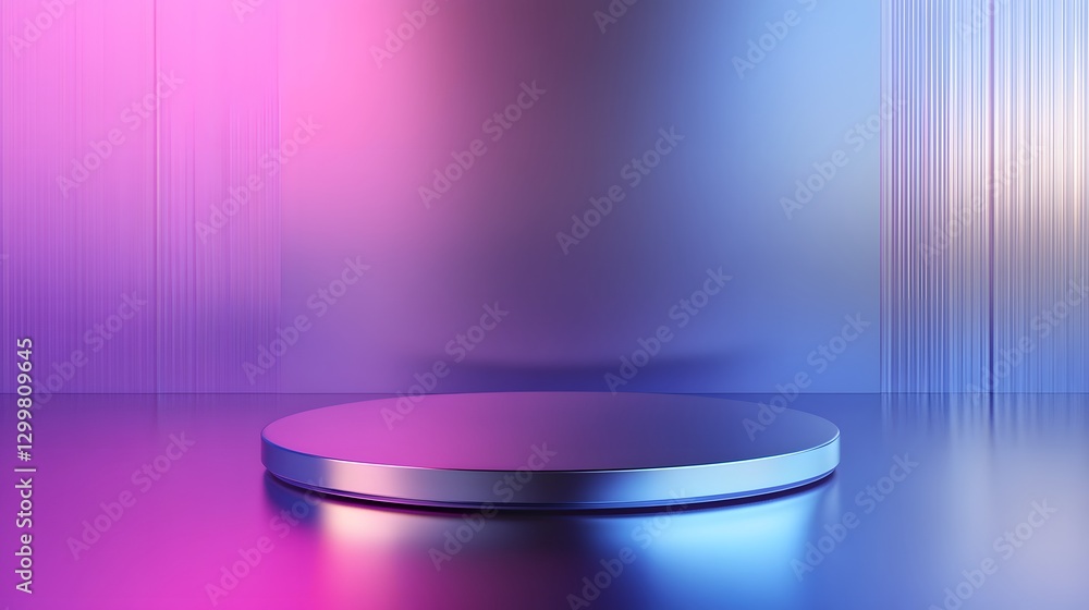 Poster a minimalist product showcase featuring a metallic blue and silver podium with soft reflections, set